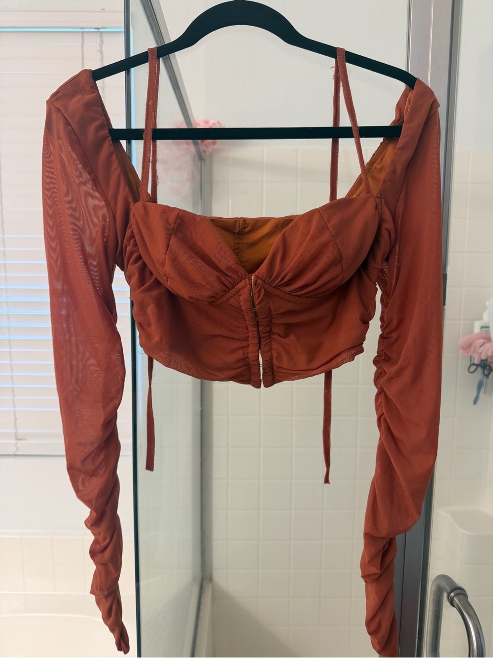 Ruched Rust Off-Shoulder Crop Top with Long Sleeves